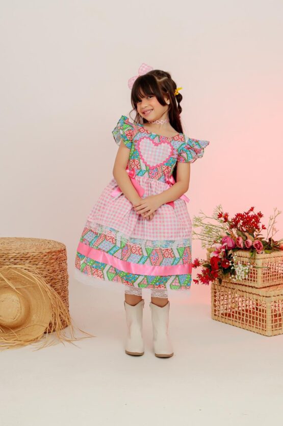 Vestido junino infantil Coração Rosa