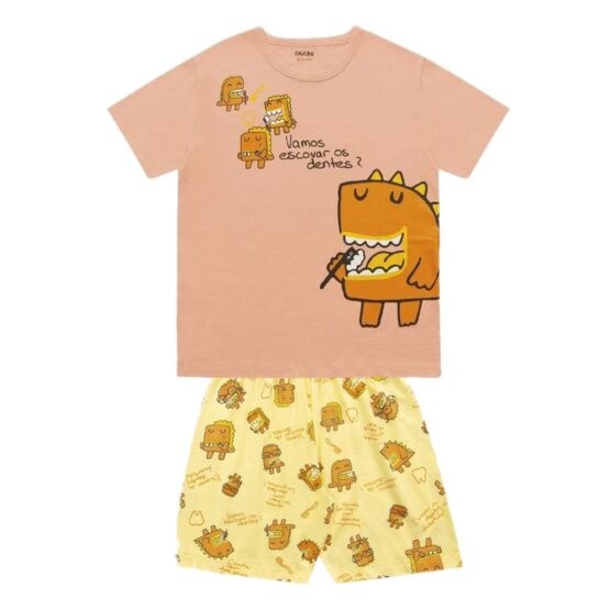 Pijama infantil curto brilha no escuro Dino Dentes – Fakini