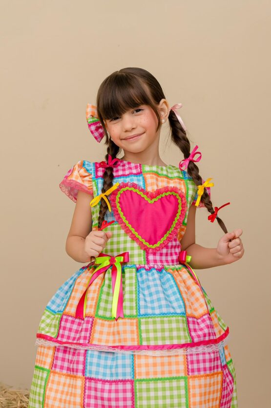 Vestido junino infantil Coração Rosa