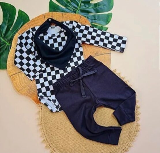 Conjunto infantil body, calça e bandana Xadrez